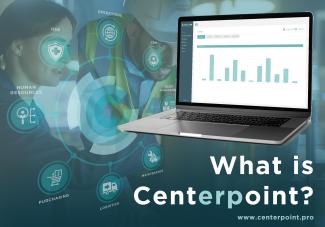 Laptop displaying the ERP system on the screen with data. The title 'What is Centerpoint?' is visible under the laptop. 