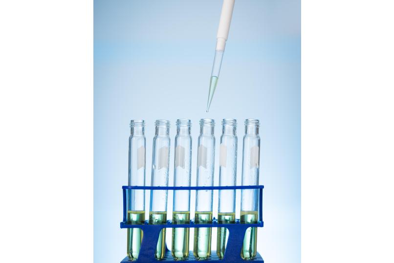 Row of test-tubes in rack, all with yellow liquid in, pipette above 